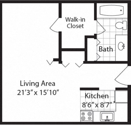 Floor plan for studio, 1 bath, 538 sqft